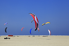 Borkum: Deutsche Meisterschaft im Kitebuggy am Nordstrand. Die Piloten steuern ihre Kitebuggys sicher durch den Wind