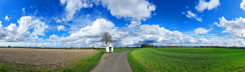 Der Niederrhein: Frühling – Panoramablick 180 Grad. Kempen-Stendener Weg: Mennikes Heiligenhäuschen. Panoramagröße: 185x54 cm / 300dpi