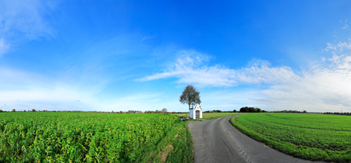 Der Niederrhein:Herbst – Panoramablick 180 Grad. Kempen-Stendener Weg: Mennikes Heiligenhäuschen. Panoramagröße: 124x58 cm / 300dpi