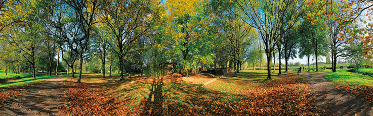 Der Niederrhein: Herbst – Panoramablick 180 Grad. Burg Wachtendonk. Panoramagröße: 167x52 cm / 300dpi