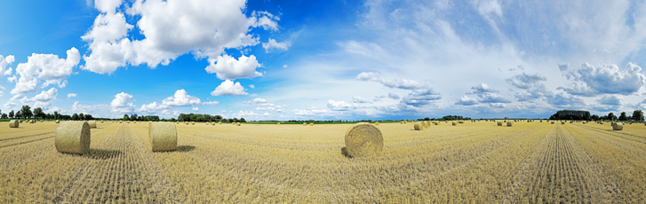 Der Niederrhein:Frühling – Panoramablick 180 Grad. Strohballen nach der Getreideernte.. Panoramagröße: 178x56 cm / 300dpi