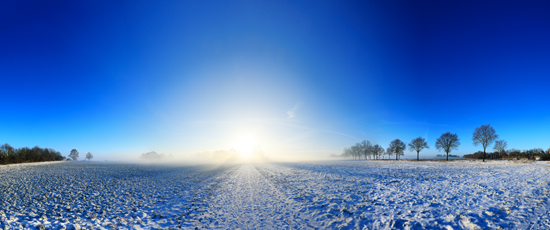 Der Niederrhein: Winter – Panoramablick 180 Grad. Winterlandschaft bei Kempen. Panoramagröße: 129x54 cm / 300dpi
