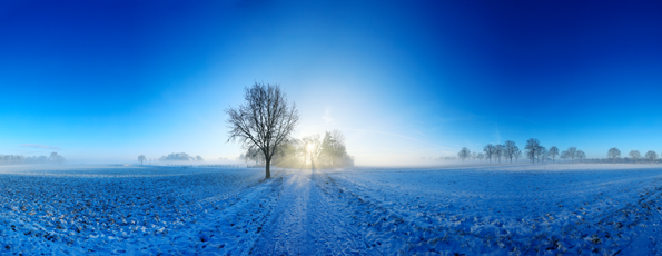 Der Niederrhein: Winter – Panoramablick 180 Grad. Winterlandschaft bei Kempen. Panoramagröße: 142x55 cm / 300dpi