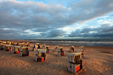 Wangerooge: Leuchtende Strandkörbe im frühen Morgenlicht.